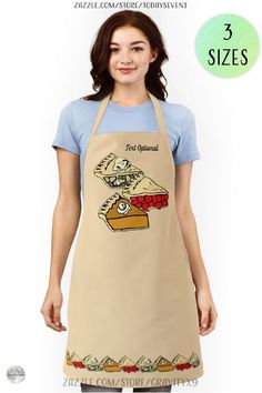 a woman wearing an apron with a cartoon character on the front and bottom half of her body