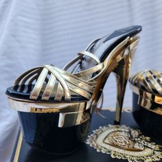 Versace Gold And Black Triple Platform Sandals, Never Worn Outside - Only Worn Inside The Cosmopolitan In Vegas 3 Times, Never Worn Outdoors On The Street - Rounded-Toe, Signature Gold-Tone Medusa Coin Detail - Approximately 2.5” Triple Platform - Approximately 6” Stiletto Heel The Cosmopolitan, Versace Gold, Versace Shoes, Us Size 10, Pump Sandals, Platform Pumps, Gold Leather, Cosmopolitan, Stiletto Heel