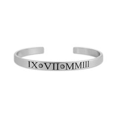 Personalize this elegant cuff bracelet with roman numerals representing a date that's uniquely meaningful to you. Sterling silver Personalize the Roman numerals on the bracelet according to your preference Timeless Silver Bangle For Anniversary, Timeless Silver Cuff Bracelet For Anniversary, Classic Bangle Cuff Bracelet For Anniversary, Personalized Elegant Silver Bangle, Elegant Personalized Silver Bangle, Classic Personalized Silver Cuff Bracelet, Roman Numeral, Roman Numerals, Things To Buy