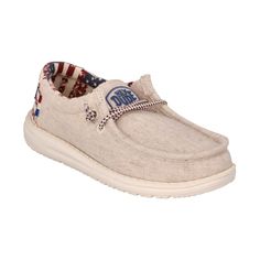 Quality construction and distinctly American design make HEYDUDE� Wally Patriotic Casual Shoes for Kids a fun way for them to show unique style and pride. These versatile, ultra-comfortable Hey Dude kids' shoes have lightweight and breathable cotton-canvas uppers for classic styling that pairs with virtually any outfit. Soft Oxford cloth linings, removable memory-foam insoles, and the Ultralight Flex & Fold outsole system combine for fantastic all-day comfort. You can even machine-wash these kid Country Shoes, Western Shoes, Funny Feeling, Hey Dudes, Shoe Wishlist, Military Appreciation, Shoes For Kids, Cute Nike Shoes, Cute Nikes