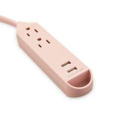 a pink power strip with two outlets on each side and one outlet in the middle