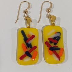 Handmade Fused Glass Yellow Abstract Earrings With Opaque Yellow Art Glass And Glass Stringer Abstract Designs. Made With Gold Ear Hooks For Sensitive Ears! Pearl Earrings Handmade, Park Ideas, Shoulder Duster Earrings, Lavender Earrings, Fused Glass Earrings, Gold Hooks, Abstract Earrings, Yellow Abstract, Floral Studs