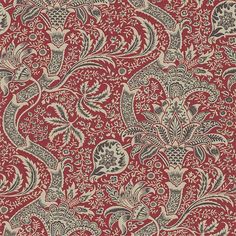 a red and grey floral pattern on fabric