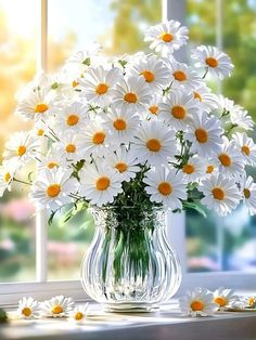 a vase filled with white daisies sitting on top of a window sill