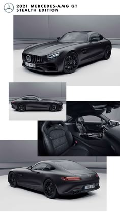 the mercedes amg gt is shown in three different views