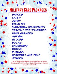 Printable Military Care Package Checklist #FCBlogger #sp Military Care Package Ideas Army, Navy Care Package, Military Care Packages, Deployment Party