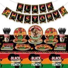 the black history party package includes plates, napkins and decorations for an african themed celebration