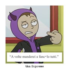 a cartoon character wearing a purple hoodie and pointing to the side with an angry look on his face