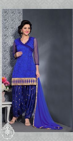 deep blue with golden work brasso style #designer #punjabisuit comes with blue golden border dupatta. Palazzo Design, Blue Colour Dress, Punjabi Salwar, Golden Border, Velvet Dress Designs, Patiala Suit, Punjabi Dress, Shiva Photos