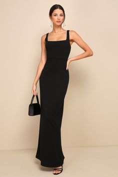 Timeless Poise Black Rhinestone Square Neck Backless Maxi Dress Wedding Guest Dress Large Bust, Black Gala Dress, Luxe Dress, Dress Outfits Party, Formal Chic, Backless Maxi Dress, Column Skirt, Cutout Maxi Dress, Black Dress Formal