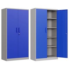 two blue and gray lockers side by side with shelves on each side, one closed and the other open