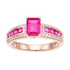 You'll look pretty in pink whenever you wear this posh 14k rose gold over silver lab-created ruby ring. Width: 19 mm Metal: sterling silver Plating: 14k rose gold Finish: polished Packaging: boxed STONE DETAILS Stone type: lab-created ruby, lab-created white sapphire Total weight: 1 7/8 ct. Center stone weight: 1 ct. Center stone size: 7 mm x 5 mm Shape: emerald cut Setting: prong Gift Givers: This item ships in its original packaging. If intended as a gift, the packaging may reveal the contents Pink Lab-created Ruby Promise Ring, Pink Lab-created Ruby Ring, Pink Lab-created Ruby Jewelry With Accent Stones, Embroidered Headband, Stone Types, Fine Pearl Jewelry, Silver Lab, 3d Printed Jewelry, White Sapphire Ring