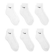 The Nike Everyday Cushioned Quarter Socks feature a ribbed arch band for a snug fit for everyday adventures. The thick terry sole provides comfort and impact absorption for your workouts, and the sweat-wicking fabric keeps your feet dry and comfortable. The straightforward Nike Swoosh on the upper adds a sporty look. Quarter design covers ankle. Dri-FIT technology keeps your feet dry. Reinforced heel and toe for durability. Arch compression offers a snug, breathable fit. Fabric: 71% cotton, 26% Nike Quarter Socks, White Nike Crew Socks, Clothes Christmas List, Short Nike Socks, Ankle Nike Socks, Nike Socks Ankle, Things To Add To Your Wishlist, Things To Add To Your Christmas List, Nike Socks Aesthetic