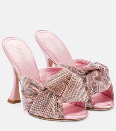 Luxury Pink Heels With Bow, Luxury Summer Heels With Satin Bow, Pink Sandals For Formal Parties, Pink Formal Sandals For Party Season, Glamorous Sandals With Satin Bow, Luxury Satin Sandals, Elegant Party Heels With Pink Bow, Evening Sandals With Bow And Open Heel, Evening Heels With Pink Bow And High Heel