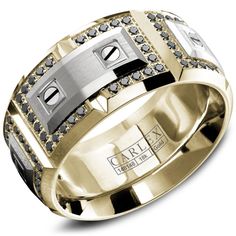 A contemporary and bold yellow gold CARLEX encrusted with 112 diamonds features four white gold plates and eight original swiss screws is crafted to impress. Cool Rings For Men, Engagement Rings Couple, Mens Diamond Wedding Bands, Gents Ring, Cool Wedding Rings, Pearl Jewels, Luxury Rings, White Gold Engagement Rings, Size 10 Rings