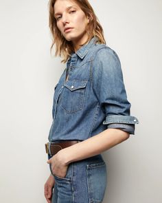 TRAVIS SHIRT | Nili Lotan Collared Denim Top With Button Closure, Classic Medium Wash Button-up Denim Top, Classic Button-up Denim Top In Medium Wash, Medium Wash Shirt With Spread Collar For Work, Workwear Medium Wash Shirt With Spread Collar, Workwear Shirt With Spread Collar In Medium Wash, Classic Denim Blue Denim Jacket With Button Cuffs, Classic Medium Wash Shirt With Button Closure, Classic Shirt With Button Closure In Medium Wash