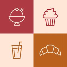 four different types of food and drinks on the same color background, each with an image of a cupcake