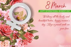 a women's day card with flowers and an image of the number eight on it