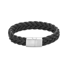 Complete his distinctive wardrobe with this rugged leather bracelet look. Braided black leather design 8.5-inch chain with stainless steel magnetic clasp Rugged Leather, Black Leather Bracelet, Mens Black Leather, Magnetic Clasp, Leather Design, Stainless Steel Bracelet, Leather Bracelet, Black Leather, Stainless Steel