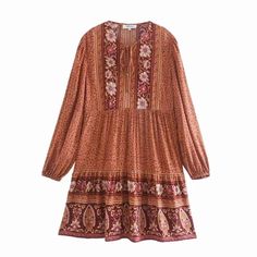 This dress is the perfect Fall staple. Pair with a jean jacket or sweater and knee-high boots for a cute breezy boho vibe. Mini length pull-over dress with billowy sleeves and loose and flowy silhouette. Tassel tie at chest. Dress has all-over floral pattern. Bump friendly. Wash cold, gentle cycle. Available in Sky Blue or Muted Burnt Orange. Women's sizes: S-L. Flattering cut for all body types. Fabric has no stretch, but is cut loose and flowy. Good things take time. Quicker shipping: This dre Prom Dresses Boho, Long Sleeve Boho Dress, Floral Print Tunic, Mode Boho, Swimsuit Dress, Prom Dresses Long With Sleeves, Crop Top Blouse, Print Tunic, Boho Stil