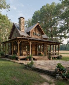 a log cabin with porch and covered patio in the middle of a grassy area surrounded by trees