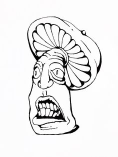 a black and white drawing of a face with an umbrella on it's head