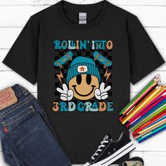 Go back to school in style with this "Rollin Into 3rd Grade" shirt! Our kids heavy cotton tee is perfect for everyday use. The fabric is 100% cotton for solid colors. Polyester is included for heather-color variants.  ** HOW TO ORDER ** Select size + color from the drop down menus Add to cart + place order  ** SIZING ** Please refer to sizing charts for accurate measurements.  ** SHIPPING ** Ships in 2-5 business days ** ABOUT OUR SHIRTS ** * Gildan Brand * Solid Colors: 100% Cotton * Heather Co 3rd Grade Boys Outfits, Black Top With School Spirit For Back To School, Black Tops With School Spirit For Back To School, Black Tops For Back To School With School Spirit, Black T-shirt For College, Back To School, Black Tops For College End Of School Year, Casual Black Top For Back To School, Casual Black Tops For Back To School, Going Back To School