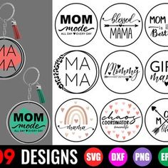 mother's day badges with the text mom made in different colors and font styles