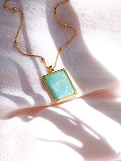 Gold Necklace - Aquamarine Gemstone Gold Pendant Necklace - Kai - ke aloha jewelry Amazonite Gemstone Pendant Jewelry, Amazonite Pendant Necklace For Gift, Elegant Amazonite Necklace For Gift, Rectangular Gemstone Pendant For Healing, Hawaii Necklace, Hawaii Jewelry, Gemstone Hoop Earrings, Mother Of Pearl Earrings, Dainty Gold Necklace