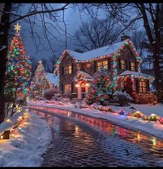 a house covered in christmas lights next to a stream of water with trees on both sides