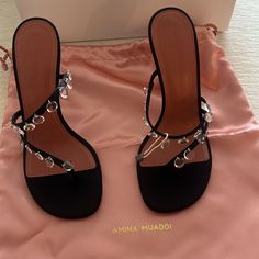 Brand New, Never Worn Amina Muaddi Sandals. Black Satin 4in Heel. Glamorous Black Sandals With Single Toe Strap, Elegant Toe Post Sandals For Night Out, Elegant Toe Post Sandals For Party, Fitted Toe Post Sandals For Evening, Black Summer Sandals For Event, Elegant Black Toe Post Sandals, Black Embellished Toe Post Sandals, Muaddi Shoes, Amina Muaddi Heels