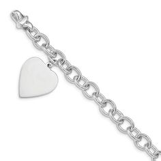 Rhodium over 14k white gold polished link with heart charm bracelet with a lobster claw clasp. Measures approximately 1/4 of an inch in width and has a fancy lobster claw clasp. Classic Heart Charm Bracelet In White Gold, Classic White Gold Charm Bracelet With Heart Charm, Classic White Gold Charm Bracelet With Heart, White Gold Heart Charm Bracelet, White Gold Classic Heart Charm Bracelet, Classic White Gold Charm Bracelet With Lobster Clasp, Classic Sterling Silver Charm Bracelet With Heart, Classic Silver Heart Bracelet With Lobster Clasp, White Gold Oval Link Charm Bracelet With Lobster Clasp