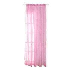 pink sheer curtains hanging on the side of a white wall with polka dot dots in it