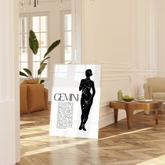 a poster in the middle of a living room with furniture and potted plants on the floor