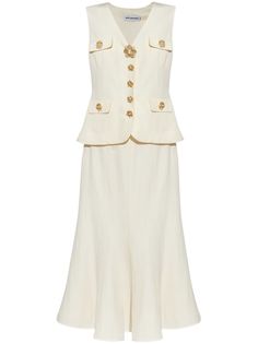 cream white linen blend layered design V-neck decorative button detailing gold-tone buttons sleeveless belted waist A-line skirt mid-length full lining Dressy Hats, Self Portrait Dress, Future Style, City Dress, Sleeveless Midi Dress, Layered Design, White Midi Dress, Midi Dress Sleeveless, A Line Skirt