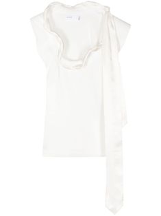 white stretch-design scarf detailing draped detailing ruffled trim frilled neckline cap sleeves straight hem Chic Silk Blouse With Ruffled Collar, White Ruffled Evening Top, Elegant Ruffle Hem Top For Evening, Elegant Evening Top With Ruffle Hem, Elegant Evening Tops With Ruffle Hem, Chic Viscose Blouse With Ruffles, Chic Ruffled Viscose Blouse, Silk Ruffled Evening Tops, White Silk Top With Ruffles