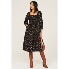 Black floral cotton plain weave (100% Cotton). Lining (100% Cotton). A-line. Long sleeves. Square neck. Side zipper closure. 39" from shoulder to hemline. Imported. Ruched Midi Dress, Favorite Boots, Rent The Runway, Closet Designs, Black Midi Dress, Square Neck, Black Floral, Side Zipper, Madewell