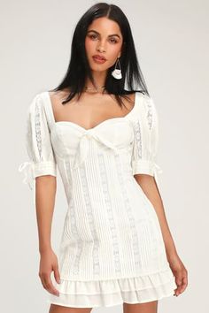 Trendy White Dresses for Women in the Latest Styles | Find a Cute Little White Dress for a Summer Party | Affordable All-White Dresses Feminine Fitted Mini Dress For Daytime, Lulus White Dress, Cute Lace Dresses, Stylish Black Dress, Mini Dress Vintage, White Lace Midi Dress, Dresses Lulus, Cute White Dress, White Lace Mini Dress