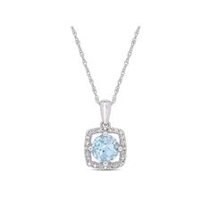 Featuring a round-cut sky blue topaz center stone framed with shimmering diamonds, this 10k white gold necklace is a beautiful complement to your attire.PENDANT DETAILSPendant size: 9.2 mm x 15 mmChain length: 17 in.Chain type: ropeClasp: spring ring Metal: 10k white goldPlating: rhodiumPackaging: boxedSTONE DETAILSStone type: sky blue topaz Total weight: 1 ct.Center stone size: 6 mm x 6 mmShape: roundSetting: prongDIAMOND DETAILSTotal weight: 1/10 ct.Color grade: G-IClarity: I1-I2Shape: roundSe Light Blue Diamond Jewelry With Accent Stones, Fine Jewelry With Light Blue Diamond Accents, Fine Jewelry Light Blue With Diamond Accents, Fine Jewelry Light Blue Jewelry With Diamond Accents, Classic Light Blue Jewelry With Diamond Accents, Light Blue Round Cut Diamond Jewelry, Light Blue Diamond Fine Jewelry, Light Blue Jewelry With Diamond Accents, Light Blue Diamond Necklace For Anniversary