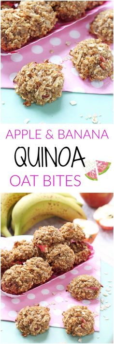 the recipe for apple and banana quinoa oat bites is shown in three pictures