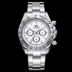 This quality timepiece is an homage (and not a Rolex) to the Rolex Platinum Daytona, a legendary racing watch that's awarded to the 24 hours of Daytona and the Daytona 200 Pole winner to this very day. It's also the most expensive watch ever sold—$17.8 million at an auction of Paul Newman's watch in 2017.This aqua blue model appeared in the number 1 spot on Motorcycle's top motorsports watches of all time. You can read more about the fascinating history of this watch on Wikipedia or by googling Platinum Daytona, Paul Newman Watch, Rolex Platinum, Rolex Daytona White, Racing Watch, Adventure Of The Seas, Paul Newman, Expensive Watches, Three Hands