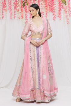 Powder pink chanderi silk lehenga with floral, mirror embroidery. Paired with blouse and dupatta.
Component: 3
Pattern: Embroidery
Type Of Work: Floral, mirror
Neckline: V neck
Sleeve Type: Half
Fabric: Chanderi silk
Color: Pink
Other Details: 
Tassel bordered blouse
Side tassel tie-up
Back cut-out
Sheer dupatta
Occasion: Destination Wedding - Aza Fashions Festive Pink Raw Silk Pre-draped Saree, Festive Pink Pre-draped Dola Silk Saree, Pink Raw Silk Pre-draped Saree With Resham Embroidery, Pink Tissue Silk Set With Zari Work, Pink Pre-draped Saree With Gota Work, Designer Chanderi Sets In Pink, Pink Chanderi Sharara For Reception, Pink Chanderi Designer Sets, Pink Pre-draped Saree With Dupatta In Tissue Silk