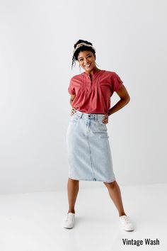 The 'Kyra' is another one of our very own exclusive denim skirts. Designed with everyday wear in mind, this skirt will pair well with just about any casual top in your wardrobe! This knee length denim skirt is 100% cotton and does not have stretch giving it a vintage vibe we love! Every woman needs a classic denim pencil skirt in her closet and this skirt is an excellent choice! Available in a classic light wash or statement black. 100% Cotton Machine Wash Cold Gentle Cycle Do Not Bleach Hang to Spring Workwear Skirt With Frayed Hem, Relaxed Fit Cotton Midi Denim Skirt, Cotton Denim Midi Skirt For Summer, Summer Cotton Denim Midi Skirt, Cotton Midi Denim Skirt For Summer, Summer Cotton Midi Denim Skirt, Spring Cotton Knee-length Denim Skirt, Medium Wash Cotton Denim Skirt Knee-length, Medium Wash Cotton Knee-length Denim Skirt