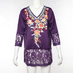 Women's Blouse Top Embroidery Floral V-Neck Lace Patchwork Ladies Blouse Spring V-neck Blouse With Lace Patchwork, Bohemian V-neck Blouse With Embroidered Hem, Summer Floral Embroidered Long Sleeve Lace Top, Summer V-neck Top With Geometric Embroidery, Summer Long Sleeve Lace Top With Floral Embroidery, Multicolor Floral Embroidered V-neck Top, Bohemian V-neck Blouse With Multicolor Embroidery, Bohemian V-neck Tops With Lace Patchwork, V-neck Tops With Embroidered Hem