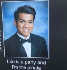 a man in a tuxedo is smiling at the camera and has an ad on it