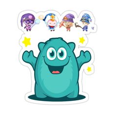 a sticker with an image of a blue monster and other cartoon characters in the background