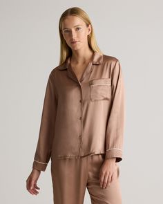 You won't want to take off our luxurious 100% Washable Silk Satin Pajama Long Sleeve Top. These pants are made from 100% Mulberry silk in a satin finish. They are decadently soft, breathable and comfortable for sleeping or lounging, alike. Pair with our 100% Washable Silk Satin Pajama Pant to complete the look. Quince Silk Pajamas, Silk Long Sleeve Sleepwear For Home, Chic Silk Long Sleeve Sleepwear, Elegant Silk V-neck Sleepwear, Luxury Satin V-neck Sleepwear, Satin Pajama Pants, Silk Cami, Silk Pajama Set, Quarter Zip Sweater