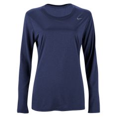 Nike Women's Legend Long Sleeve Poly T-Shirt. Train with the Swoosh and feel the difference. Dri-FIT training top looks like a tee but performs like a training jersey. Lightweight, moisture wicking training top with screened Nike logo. 100% polyester. Nike Dri-fit T-shirt For Running, Dri-fit Moisture-wicking Tops For Sports Events, Nike Functional Crew Neck Top, Moisture-wicking Dri-fit Tops For Sports, Functional Nike Crew Neck Top, Nike Dri-fit Activewear For Sports, Nike Dri-fit Breathable Tops, Nike Dri-fit Activewear For Sports Season, Dri-fit Sportswear Tops For Sports Events