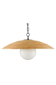 a light hanging from a wooden ceiling fixture with a chain attached to the top of it