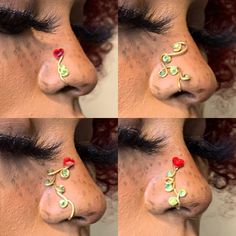 the side view of a woman's nose with various piercings on her nose